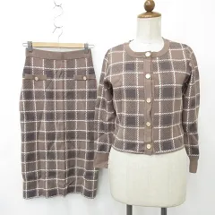 プロポーション ボディドレッシング PROPORTION BODY DRESSING セットアップ スーツ ニット ノーカラージャケット タイトスカート 長袖 丸首 ロング チェック柄 茶 グレー ブラウン オフ Mのサムネイル