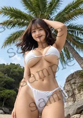 O-021 白ビキニのAI美女・南国パームビーチA4高画質プリント
