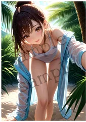 O-034 南国の光に包まれたAI水着美女・濡れ髪×白ビキニの接写A4プリント