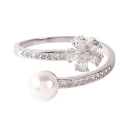 【新品】 [OKKO] パール 指輪 リング フリーサイズ フラワー 一粒 あこや本真珠 キュービックジルコニア ギフト アクセサリー 5mm シルバー925