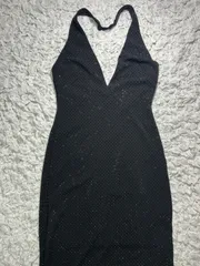 【ZARA】ラインストーン付き ホルターネック 結婚式の二次会、パーティー、イベント、クリスマスドレス　スリット ロングドレス 黒 S