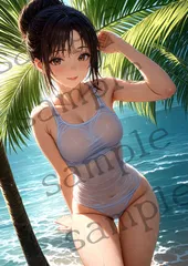 O-061 濡れた白タンクトップの南国美女・透明感あふれる夏AIアート A4プリント