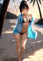 O-062 サンセットビーチに立つ濡れ髪美女・ブルービキニの夏AIアート A4プリント