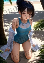 O-063 木陰の砂浜で微笑む青ワンピ水着美女・濡れ髪が輝く夏AIアート A4プリント