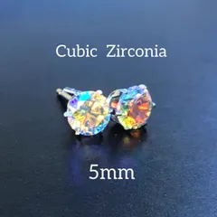 103、サージカルステンレスポストピアス、キュービックジルコニア、オーロラ、5mm、シルバー、ハンドメイド