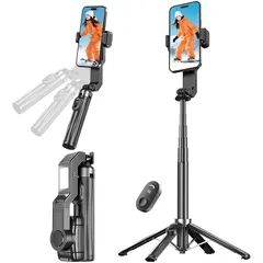 Seeshopo ジンバル自撮り棒 手ブレ防止スタビライザー スマホ三脚【2025年新登場・LEDライト付き・Bluetoothリモコン付き 】スマホジンバル 四脚安定モデル 片手持ち単軸スタビライザー 自撮り棒 8段階伸縮 最大101cm 多機能 安定撮 1