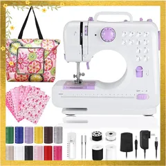 電動ミシン コンパクト家庭用ミシンセット 初心者 12種の縫い目 小型 ミニ ポータブル 低騒音 返し縫い フットコントローラー スピード可調整 収納袋 DIYコットン柄の織物7枚 12色ミシン糸 日本語取扱説明書付き 0