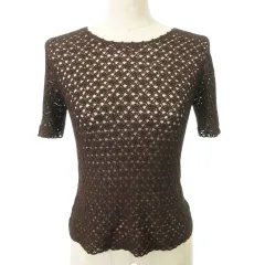 23区 オンワード樫山 美品 半袖 カットソー ニット 透かし編み クルーネック 薄手 38 約Mサイズ 茶 ブラウン ■MET1