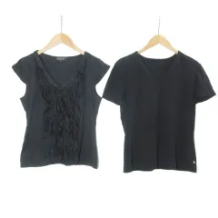 ランバン LANVIN COLLECTION カットソー 2点セット おまとめ 半袖 キャップスリーブ フリル Vネック 無地 40 L相当 黒 ブラック X