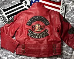 ⭐️ ハーレーダビッドソン 背面&袖・銀糸・赤糸使用H-DロゴCustom刺繍⭐️レアな限定品・本革製ジャケット⭐️レッド・カラー&胸部ホワイトカラー・ライン⭐️