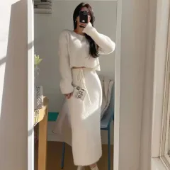 新品/迅速発送 セットアップ ファー ニット クロップド トップス + ロング丈スカート セット