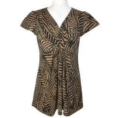 アナイ ANAYI 美品 カットソー プルオーバー 半袖 総柄 Vネック ドレープ 38 M相当 茶 黒 ■YHS6 /X