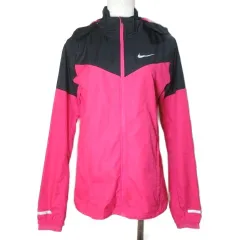 ナイキ NIKE ウィンドランナージャケット ブルゾン ランニングウェア ジップアップ フード ロゴ スウッシュ プリント S バイカラー 黒 ピンク ■YHS4 X