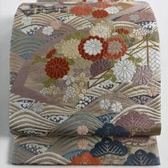 袋帯 秀品 扇面 秋草 唐織 箔 灰色 六通 正絹 【中古】