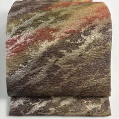 【美品】袋帯 秀品 霞 幾何学模様 金銀糸 茶色 全通 正絹 【中古】