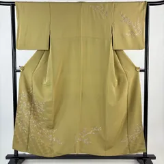 付下げ 身丈153cm 裄丈63cm S 袷 枝花 籠目 刺繍 金糸 山吹茶色 正絹 秀品 【中古】