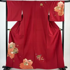 付下げ 身丈161cm 裄丈66.5cm M 袷 桜 御所車 金彩 赤 正絹 秀品 【中古】