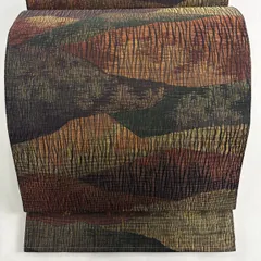 【美品】 袋帯 秀品 幾何学 箔 赤茶 六通 正絹 【中古】