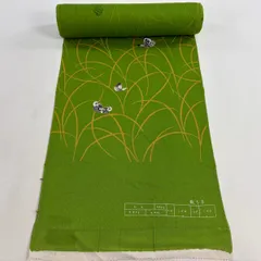 反物 秀品 小紋 蝶 葉柄 金彩 黄緑色 正絹 【中古】