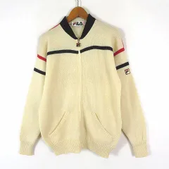 フィラ FILA ヴィンテージ 70s 80s イタリア製 カーディガン ニット ウール 配色 ロゴ 刺繍 ジップアップ 長袖 S アイボリー レア 希少のサムネイル