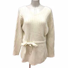 アズールバイマウジー AZUL by moussy ワンピース チュニック ニット Vネック ウエストマーク 長袖 S 白 ホワイト /YK