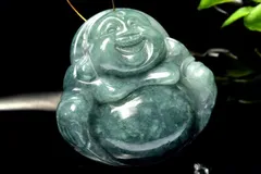 【１点物】アテマラ産◇希少マンサーノ翡翠 ブルージェダイト 青翡翠　42x43mm　布袋様彫刻(トップ穴) ルース パワーストーン 天然石 _PC7874