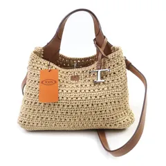 未使用品★TOD’S トッズ XBWAPAEU000RGM5029 T タイムレス マイクロ チャーム付 カーフレザー使い ラフィア 2way ショルダー・ ハンドバッグ ベージュ ブラウン 保存袋付き イタリア製 レディース