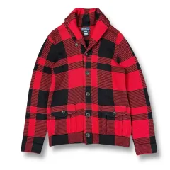 POLO RALPH LAUREN レッドブラック CHECK ショールカラー ニット カーディガン M(12-14)