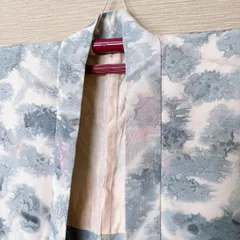 【き767】淡青×白×ピンク 抽象模様 羽織 リメイク素材にも アンティーク 着物