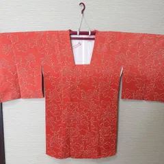 き770】朱赤地 大柄葉文様 羽織 単衣 レトロ可愛い 普段着に 羽織 道中着 アンティーク リメイク素材にも