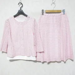 美品 Leilian レリアン シアーノーカラージャケット スカート セットアップ 11 ピンク レディース 古着 中古 USED