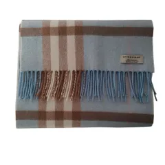 美品 BURBERRY バーバリー カシミヤ100％ チェック柄 フリンジ マフラー ストール ライトブルー×ブラウン レディース 古着 中古 USED