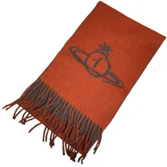 美品 Vivienne Westwood ヴィヴィアンウエストウッド オーブ ジャガード フリンジ ウール マフラー ストール オレンジ レディース 古着 中古 USED