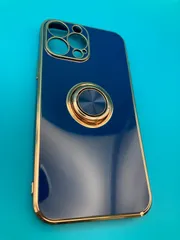 iPhone13 Pro Max ケース 6.7インチ対応 ブルー×ゴールド 光沢リング付き