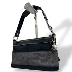 美品 コーチ ハンドバッグ ブラック 黒 グレー シグネチャー ワンショルダー キャンバス レザー アクセサリーポーチ 肩掛け可 肩かけ可 シルバー金具 チャーム付き 10120 s33 COACH 上品