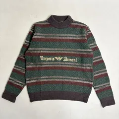 ◆ Emporio Armani エンポリオ・アルマーニ ニット イタリア製 ストライプ柄 セーター ロゴ刺繍 古着 ウール グリーン サイズ表記なし メンズ 0.39kg