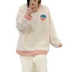 【新着商品】もこもこ あったか フランネル 可愛い セットアップ パンダ ケーブル柄 ふわふわ 女性用 ホームウエア 上下セット ルームウェア 部屋着 室内着 長袖パジャマ パジャマ 2点セット 防寒 レディース 保温 秋 冬 [MilaCorinna] 軽量