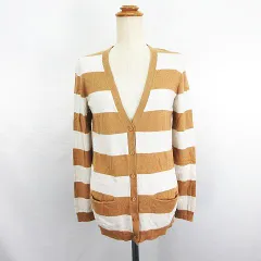トミーヒルフィガー TOMMY HILFIGER ニット カーディガン 長袖 Vネック ボーダー ロゴ プレート S ブラウン×アイボリー ※EKM