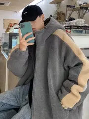 メンズ フリース ジャケット フード付き 韓国 ストリート オーバーサイズ 冬用 コート グレー グリーン カーキ ルーズフィット カジュアル フルジップ 学生 若者 アウター