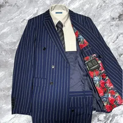 極美品 セットアップ スーツ 上下セット ストライプ ダブルブレスト 花柄(裏地) 総裏 サイドベンツ(仕付け糸付き) 開き見せ ネイビー系 紺色系 サイズL相当