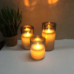 【3個セット 10cm/12.5cm/15cm】LEDキャンドルライト ガラスカップ入り リモコン付き 揺らぐ炎 インテリアランプ インテリア装飾炎ゆらぎ おしゃれインテリア