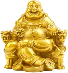 Ailunate 布袋様 置物 仏像 七福神 布袋様の置物 金運 風水 開運 置き物 弥勒菩薩 龍椅に座っている 玄関 縁起物 (ゴールド)