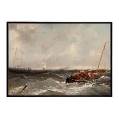 【B3サイズ（約36x51cm）】【bn-poster-5930】ポスター フレーム付き 名画 絵画 フレーム付き 網を引く 漁師の風景 インテリア 海洋風景  横