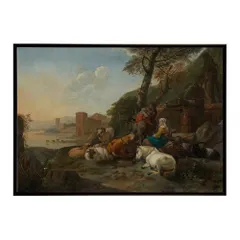 【A4サイズ（約21x30cm）】【bn-poster-5959】ポスター フレーム付き 名画 絵画 フレーム付き 南の風景で休息する羊飼いの家族と羊の群れ インテリア 牧歌的風景  横