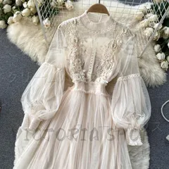 【新品?未使用】 パーティードレス ミモレ丈 袖あり 全6色 結婚式 ワンピース レースワンピース 二次会 バルーン袖 演奏会 発表会 シースル