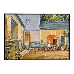 【B1サイズ（約73x103cm）】【bn-poster-6089】ポスター フレーム付き 名画 絵画 フレーム付き ミュラーの庭と彼女の鶏たち インテリア 田園風景  横