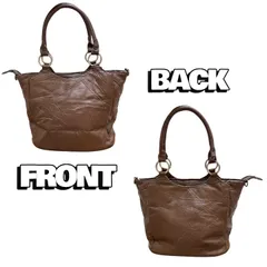 パッチワークレザー　ハンドバッグ　ブラウン　フェイクレザー　大容量　仕切りポケット　ショルダーなし　おでかけバッグ