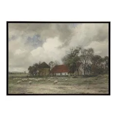 【B1サイズ（約73x103cm）】【bn-poster-6198】ポスター フレーム付き 名画 絵画 フレーム付き 農家と羊飼いと羊のいる風景 インテリア 田園風景  横