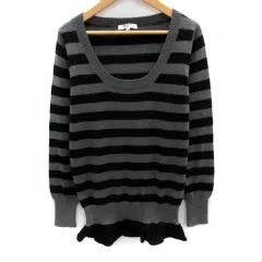 ナチュラルビューティーベーシック NATURAL BEAUTY BASIC ニット セーター 長袖 ラウンドネック ボーダー柄 フリル M グレー 黒 ブラック /SM1