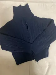 ケーブル編みニット ジップアップ カーディガン ネイビー